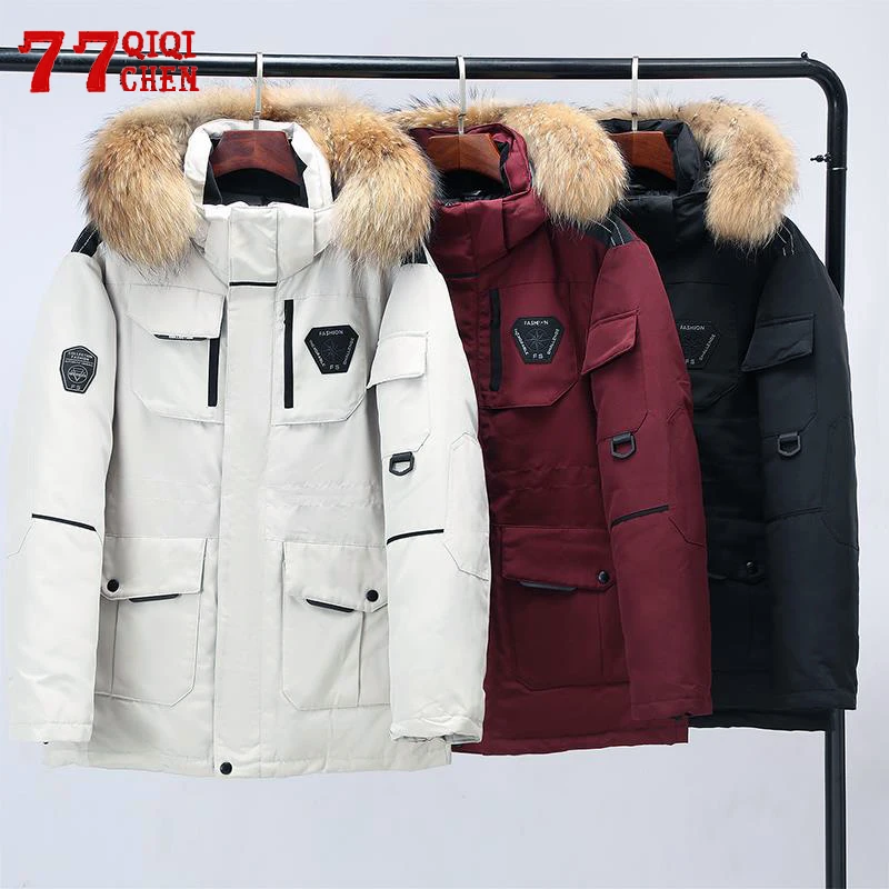 Hooded-Jacket Parka Mid-Length-Coat Winter Mens White-Duck-Down Jacket-30-Degree Multi-Pocket