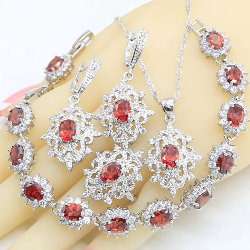 925 серебряные Свадебные украшения наборы для женщин красный циркон браслет серьги ожерелье кулон подарочные коробки для колец - Окраска металла: 4PCS with bracelet