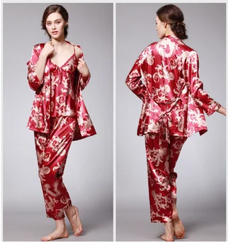 

Women's Pajamas Vintage Floral Silk Satin Set Nightgown 3pcs Set Long Sleeve Lady Lady Sleep & Lounge