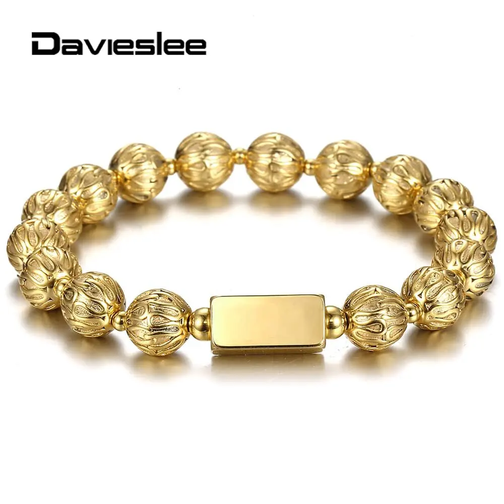 10 мм роскошный золотой браслет из нержавеющей стали с бусинами, персонализированный браслет с гравировкой имени на заказ для мужчин и женщин, растягивающийся DPZ021