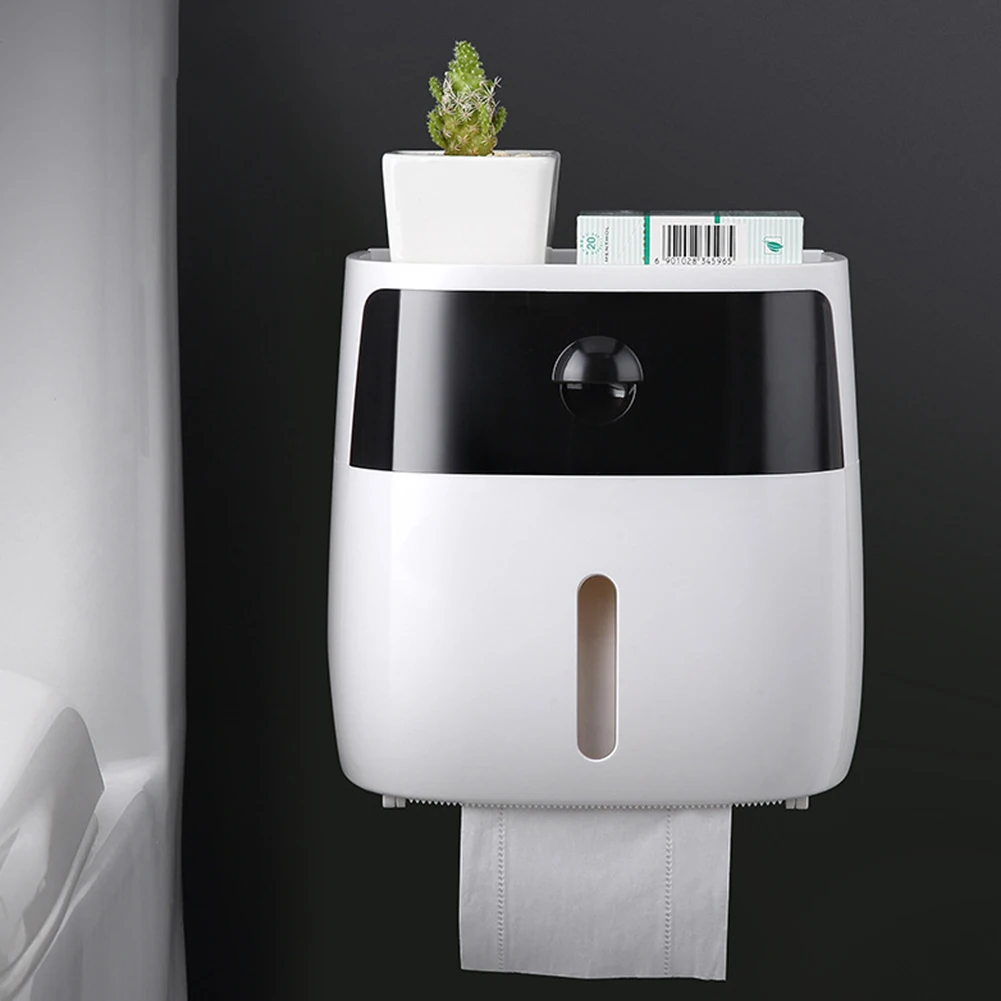 

Multi-function Tray Self Adhesive ABS Waterproof Tissue Dispenser Wall Mounted Toilet Paper Holder Double-deck Storage Box