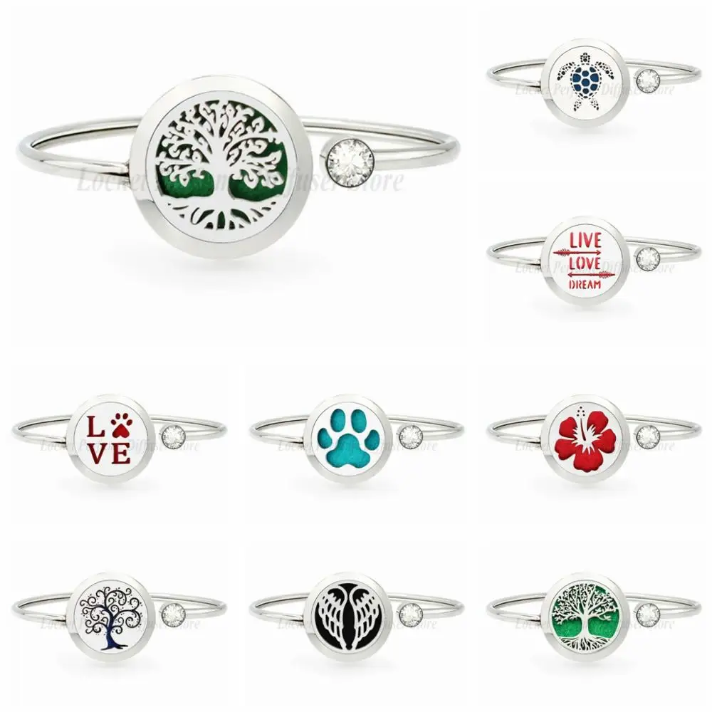 

tree of life paw poppy 25mm 316L Stainless Steel Rotatable Diffuser Bracelet Crystal Aromatherapy Perfume Bangle Women 10 Pads