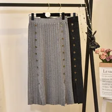 Винтажная Гибкая эластичная плиссированная теплая трикотажная юбка с высокой талией для женщин, однотонные Серые Черные двубортные вязаные юбки