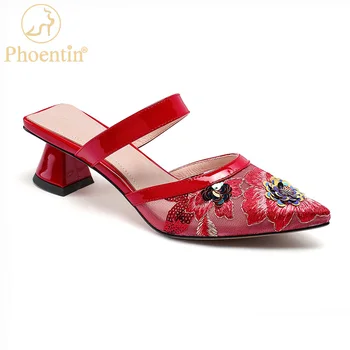 

Phoentin red Mesh female slippers flower elegant shoes woman summer 2020 outdoor slippers middle heels pointed toe blue FT1004