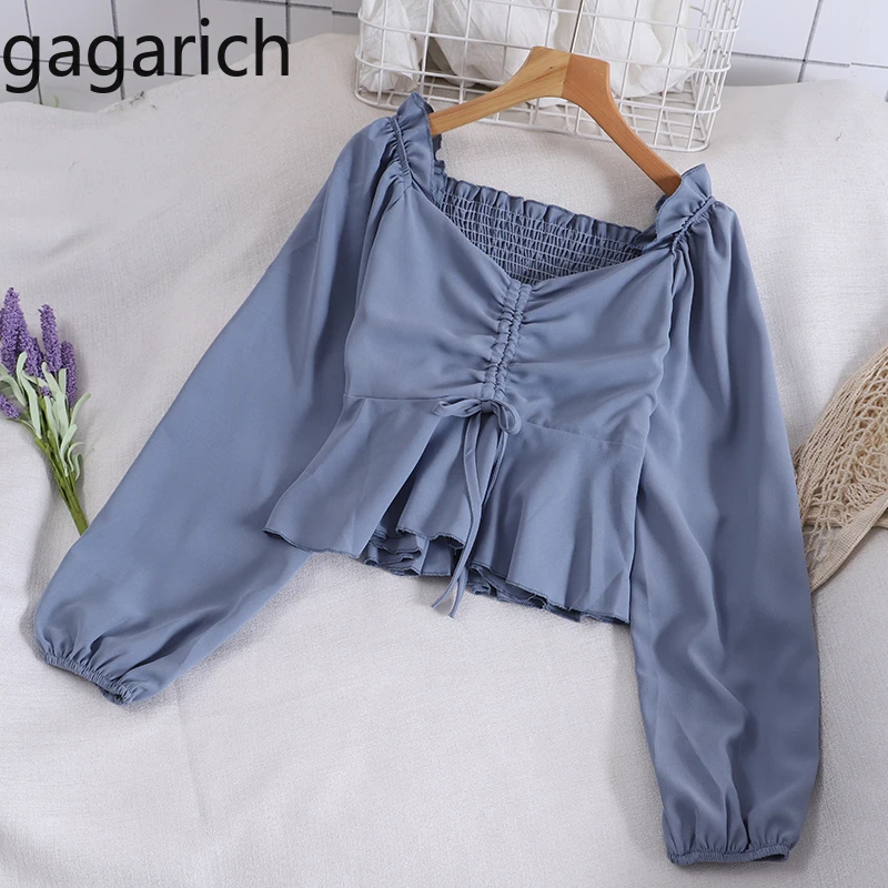 

Gagarich Blouse 2020 Spring Autumn Solid Slash Neck Long Sleeve Short Chiffon Female Casual Tops