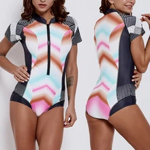 Сексуальный винтажный принт в полоску, с короткими рукавами, на молнии, цельный женский купальник без проволоки, Женский гидрокостюм Рашгард