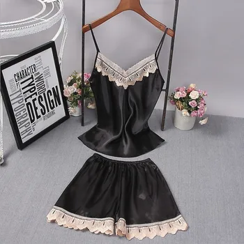 

2020 New Style Silk Pajamas Women's Summer Imitated Silk Fabric Solid Color Suspender Shorts Set Sexy Sleeveless Home Wear