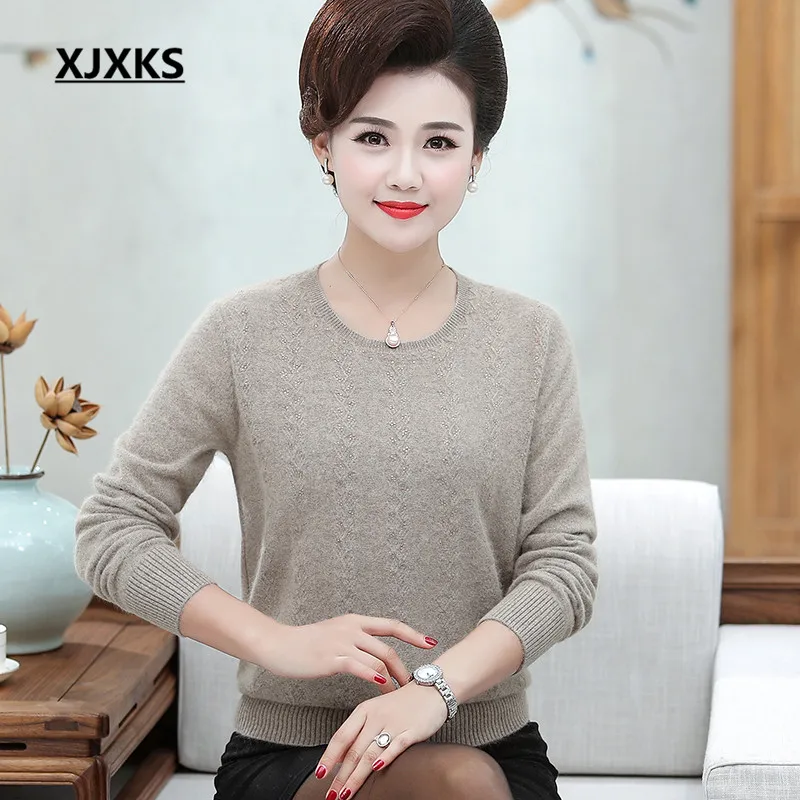 XJXKS High quality wool+ rabbit fur blended knit sweater women pullover autumn winter new loose plus size women sweater - Цвет: Хаки