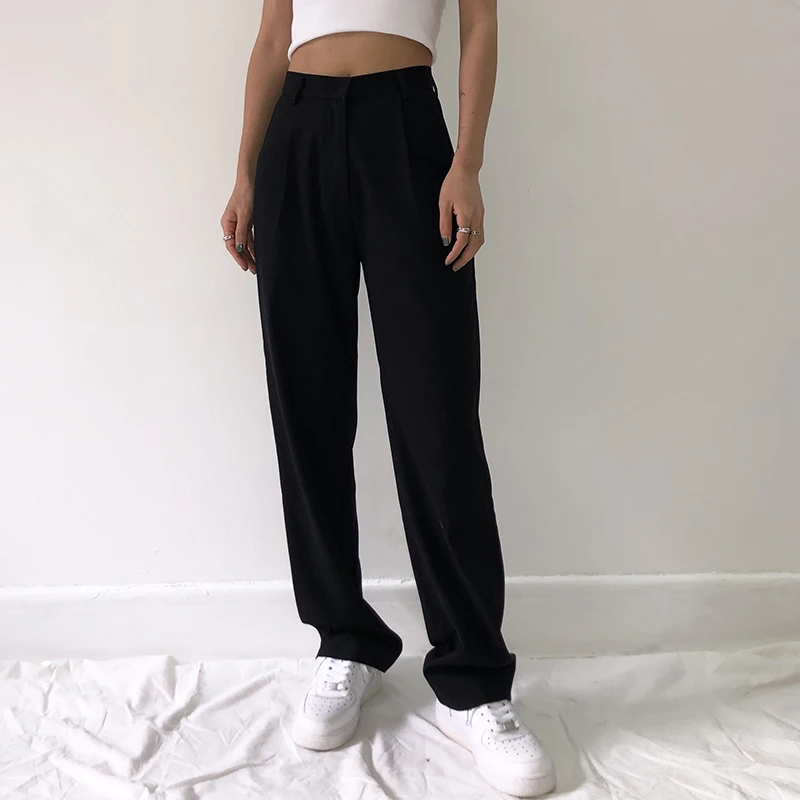 2021 Fashion Straight Suit Women Pants High Waist Casual Office Lady Pants Full Length Wide Leg Loose  Female Black Mom Trousers 1