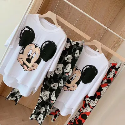 Летняя одежда для сна Disney Хлопковая пижама женская домашняя с мультяшным Микки