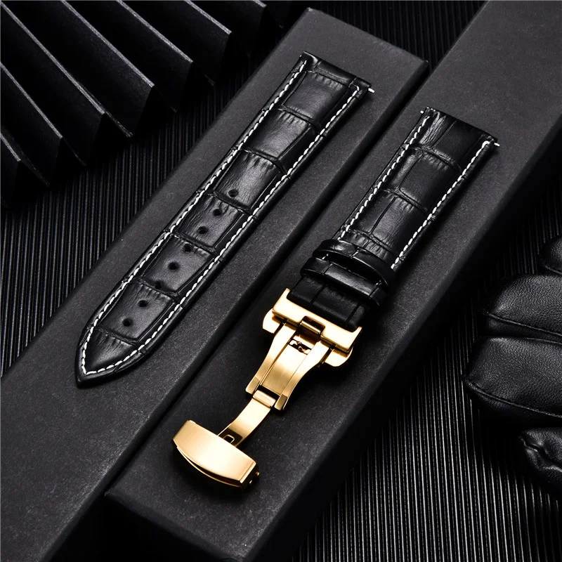 Premium Genuine Leather Watchband with Butterfly Buckle - Elegant Men's Strap Accessory