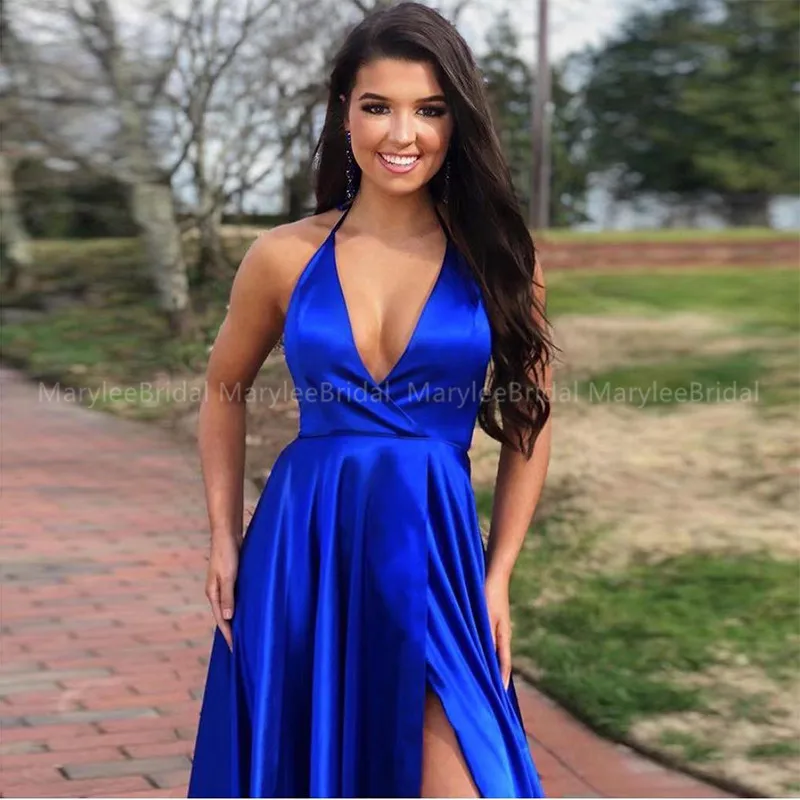 Простое вечернее платье ярко-синего цвета с лямкой на шее торжественное платье трапециевидной формы с высоким разрезом для девочек платье с перекрещивающейся спиной