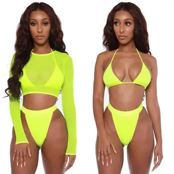 

2020 Neon Yellow Crop Top Swimwear Women Summer Sexy Beachwear Mesh Long Sleeve Cover Ups Top Three Piece Swimsuit Bikini Set