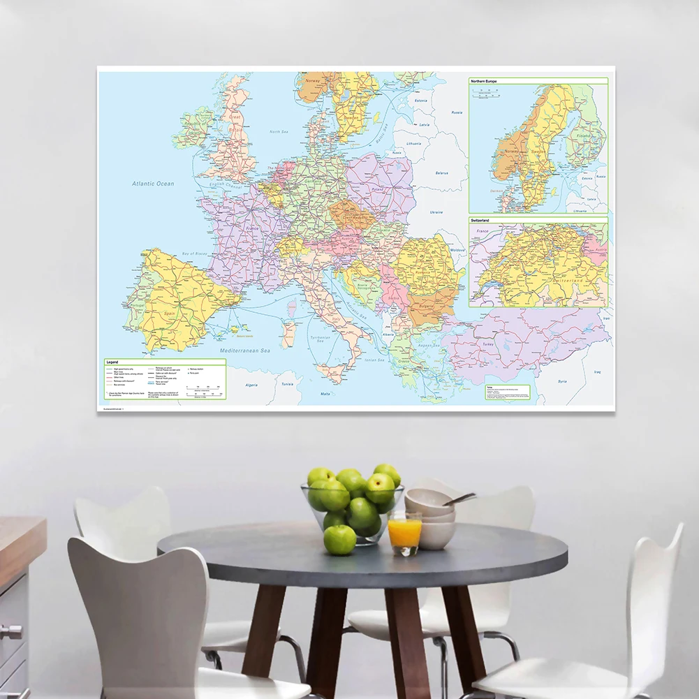 225*150cm The Europe Political Map Traffic Route Map Large Poster Non-woven Canvas Painting School Supplies Home Decoration