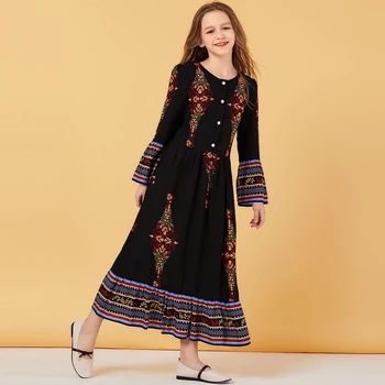 

Sweat Muslim Girls Dress Children Flare Sleeve Spring Kids Moroccan Abaya Dresses Islamic Clothing Dubai A-line Vestido Kaftan