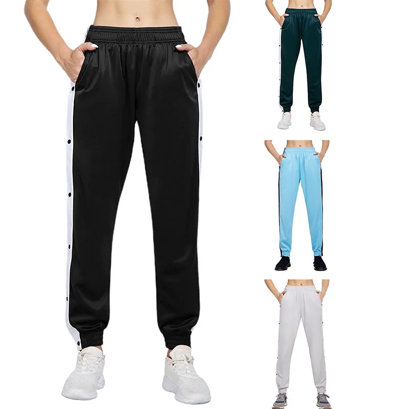 

Women Casual Long Pants Color Blocking Buttoned Side Split High Waist Pants For Running Fitness Fashion Women Sports Wear