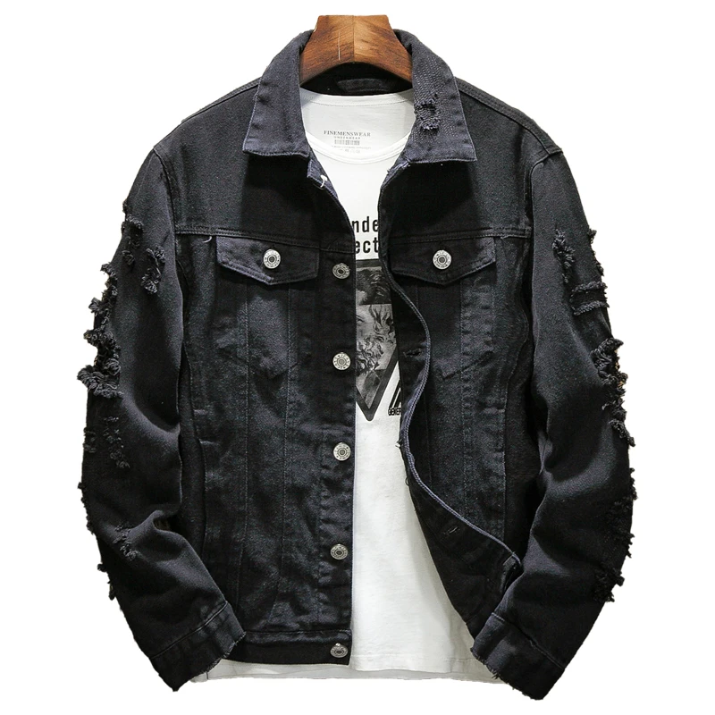2021 Autumn New Men's Jean Jacket Slim Fit Cotton Denim Red White Black Ripped Hole Coats Men Outwear Plus size | Мужская одежда