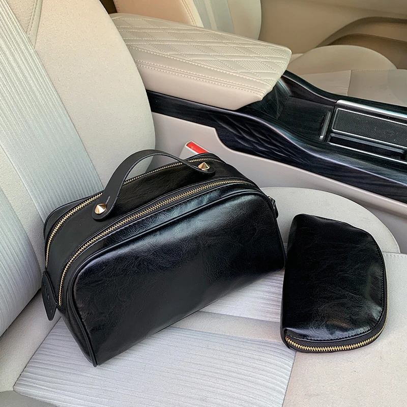 Luxury black leather toiletry bag