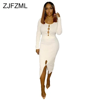

Solid Knitted Sexy Two Piece Skirt Set Women Long Sleeve Button Up Crop Tops + High Waist Bodycon Long Skirts 2 Piece Outfit