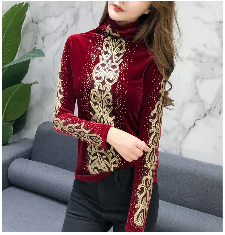 Корейская модная одежда бархатная леопардовая водолазка с бриллиантами размера плюс женские топы Черный Топ с длинным рукавом Женские рубашки 7853 50