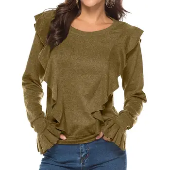 

Casual Women Solid Color O Neck Long Flared Sleeve Ruffled Cotton Loose Blouse