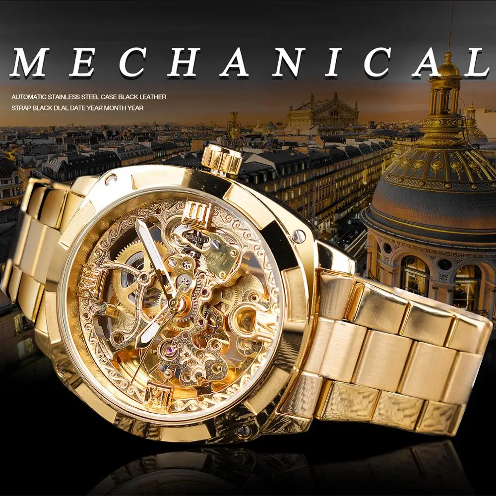 Forsining – montre mécanique automatique pour homme, accessoire de mode, Transparent, rétro, marque de luxe, aiguilles lumineuses dorées, horloge squelette