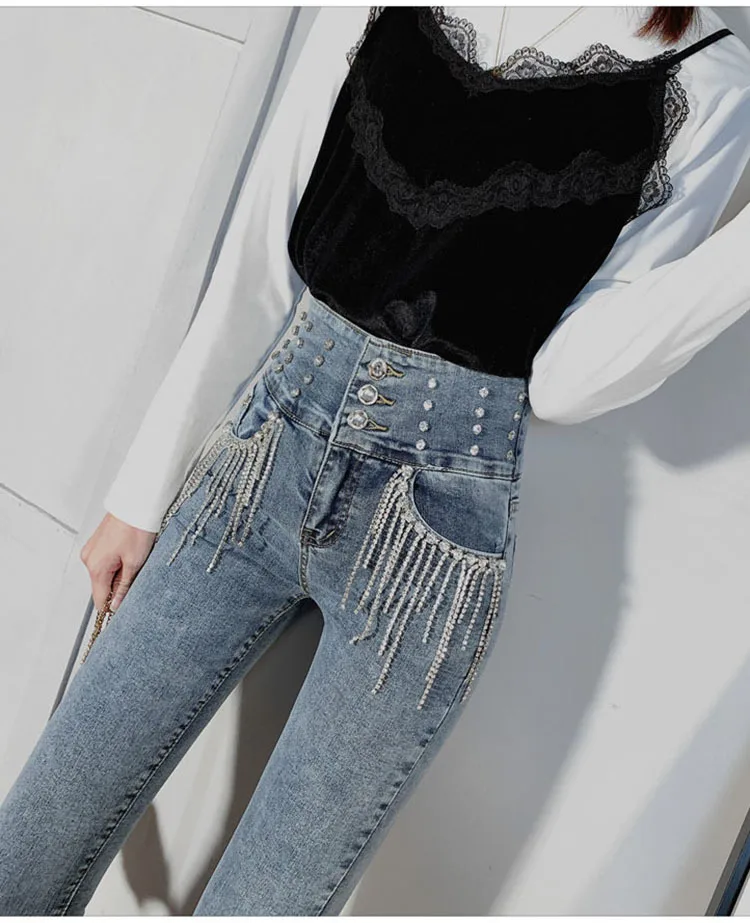 2022 spring Autumn new fashion heavy industry jeans women tassel diamond  pockets high waist slim elastic pencil jeans KZ252|Jeans| - AliExpress