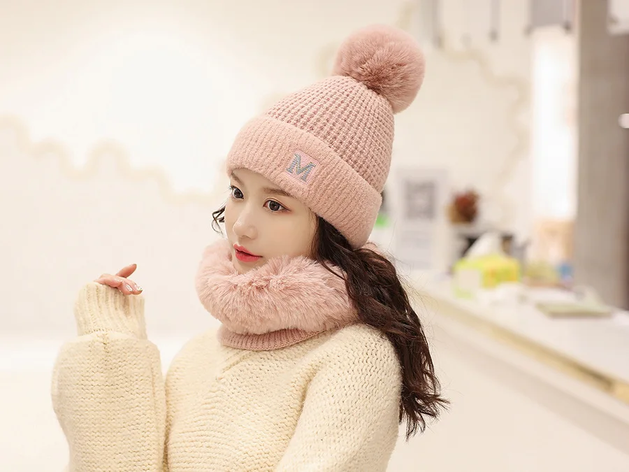 new cashmere beanie scarf set embroidery letter beanie solid color fur scarf set pom poms beanie
