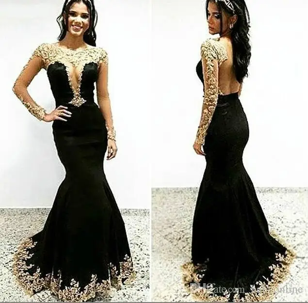 Новые дешевые черные пикантные Prom Dress Mermaid золотые длинные рукав с накладной аппликацией Вечеринка вечернее платье изготовление на заказ; Большие размеры Платья - Цвет: as picture