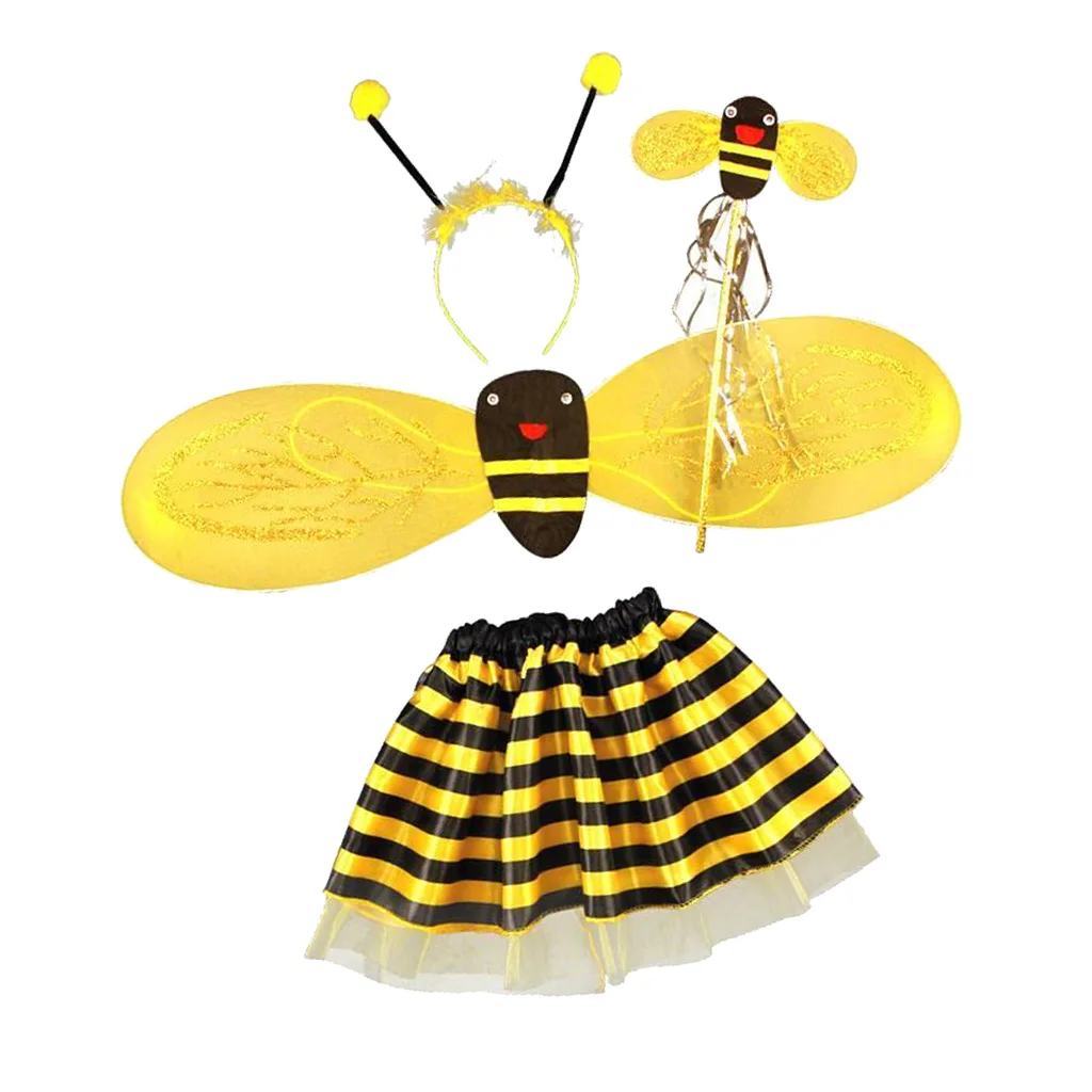 Bumble Bee Costume for Girls Kids, 4 Pieces Honeybee Fancy Dress Outfit - Fairy Wing, Headband, Wand, Tutu Skirt