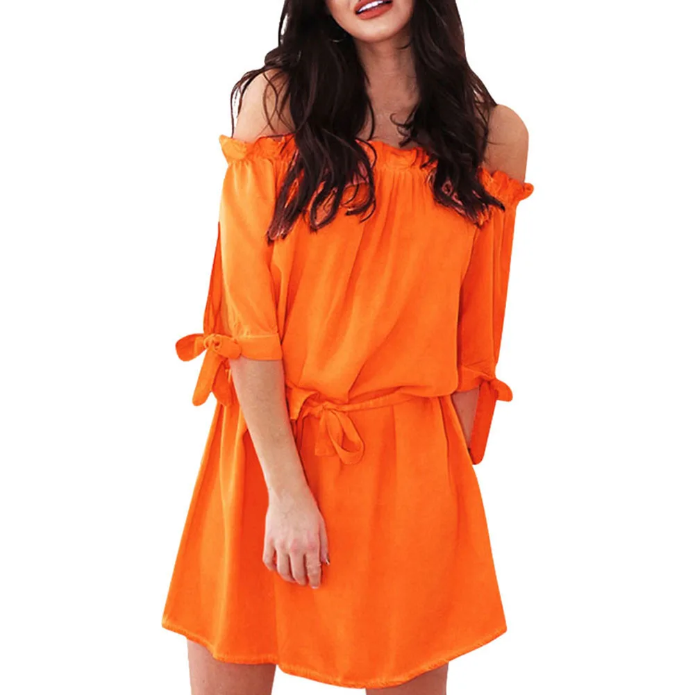 Женское летнее платье на бретельках с открытыми плечами и бантом на талии EIG88 - Цвет: Оранжевый