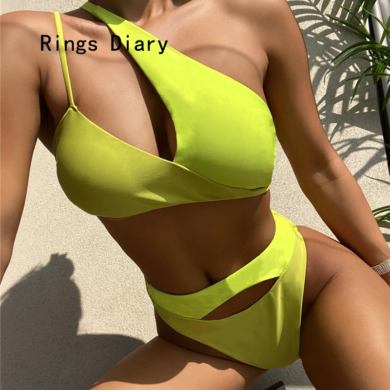 Rings Diary New Style Solid Color Fission Women's Swimsuit Western Style One Shoulder High-Waist Swimwear Show Thin Sexy Bikini high leg bikini set