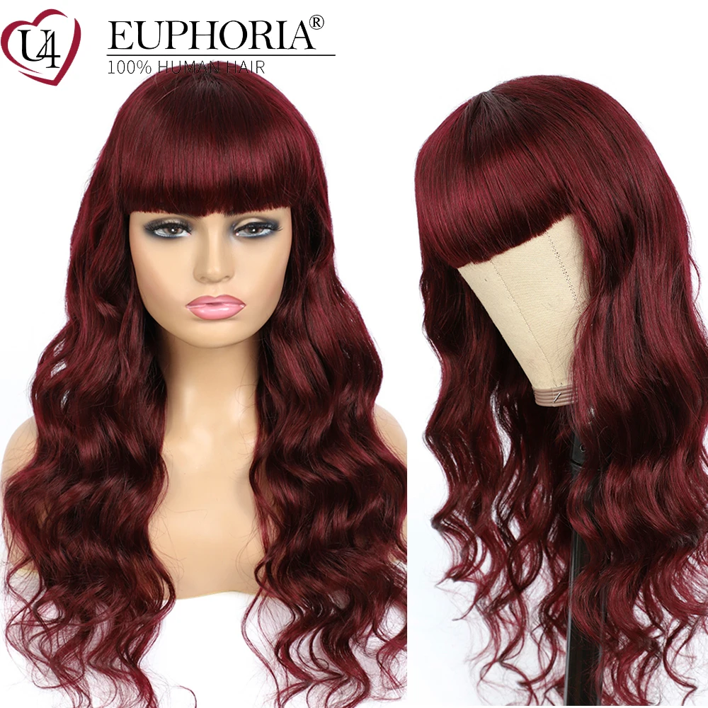 

Burg Red 99J Brazilian Body Wave Human Hair Wigs With Bangs Full Machine Made Wigs Honey Blonde Remy Hair Wigs 16-28In EUPHORIA