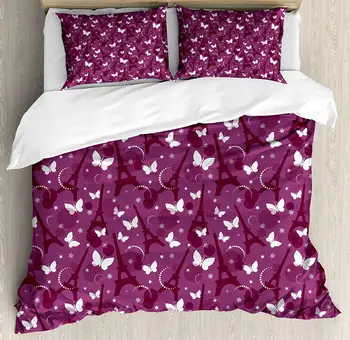 

Eiffel Duvet Cover Set Abstract Composition with Towers White Butterflies and Stars Ethereal Display Decorative 3 Piece Bedding