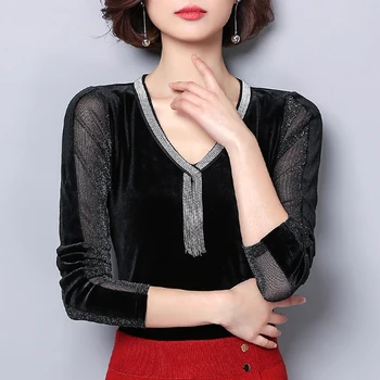 

JUAY KALA womens tops and blouses Solid Color V-neck Bottoming Shirt Female Long Sleeve 2020 Spring New Coat Velvet Shirt