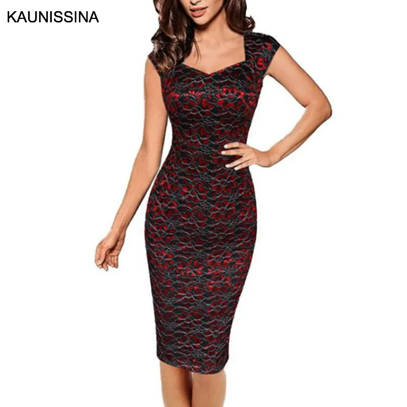 Koop KAUNISSINA Vrouwen Elegant Lace Cocktail Jurk Mouwloze Slanke Sexy V hals Bodycon Club Potlood Gown Ladies Party Jurken