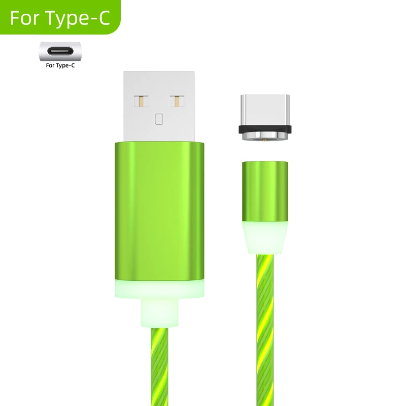 Магнитный кабель светодиодный светящийся Micro usb type C зарядное устройство с интерфейсом Lightning для iPhone samsung Быстрая зарядка USB-C кабели для мобильных телефонов type-C - Цвет: Green for Type C