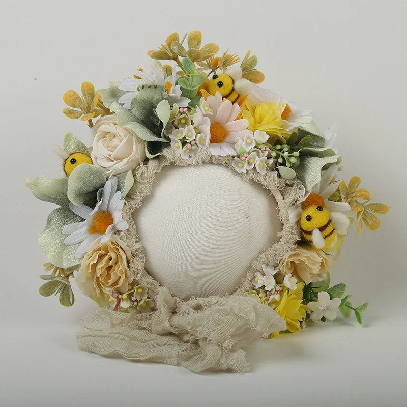 Pink Sunflower Garden Floral Bonnet Hat Knit Newborn Flower Bonnet Photography Shoot Baby Girl Hat Photo Props 2