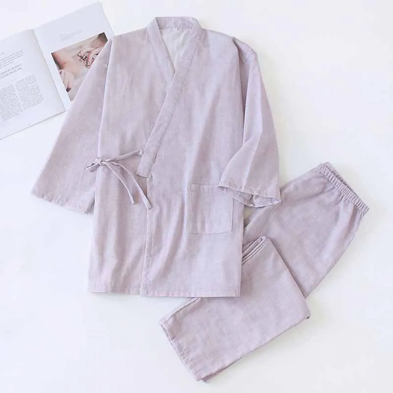 Couples Solid Color Pajamas Set Men And Women Sleepwear Japanese Robe+Pants Full Cotton Lovers Loose Thin Homewear For Autumn