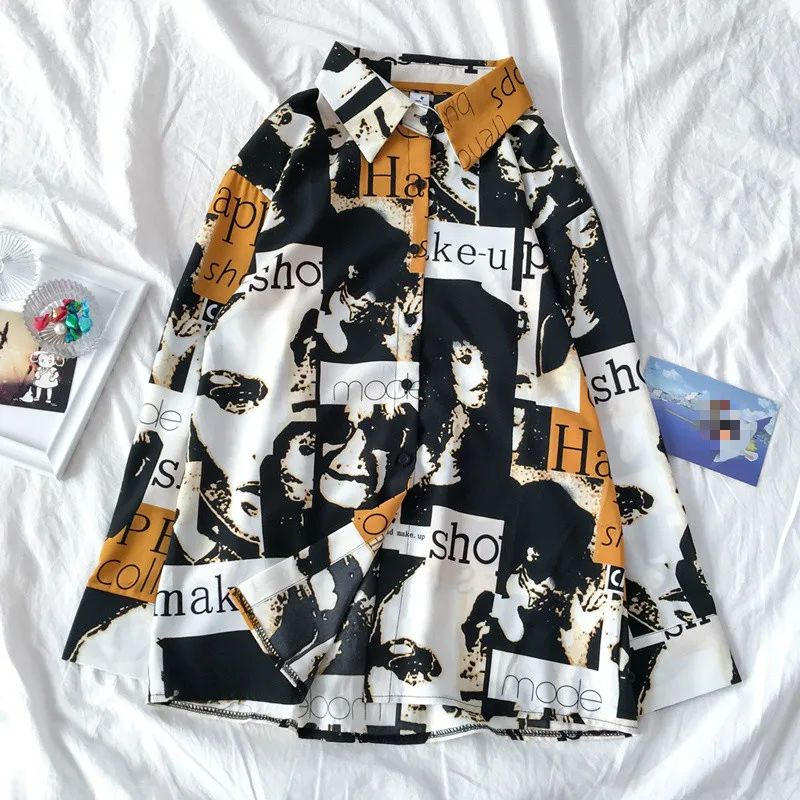 Neploe Retro Harajuku Style Unisex Print Blouse Women Turn Down Collar Long Sleeve Single Breast Blusas Loose Wild Shirt 49375