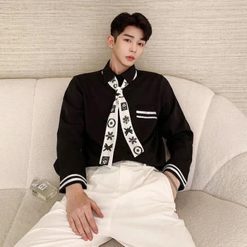 

SHENGYUJIN Spring hairdresser shirt 2020 fashion careful machine tie print black shirt male foreign style net red top