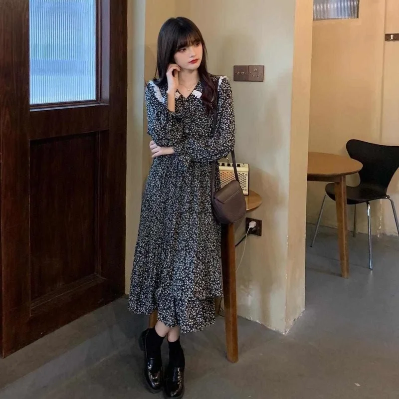 Long Sleeve Dress Women Floral Girls Vintage College Vacation Mid-calf Vestido All-match Soft Popular Newest Stylish Lace Ins wedding guest dresses Dresses