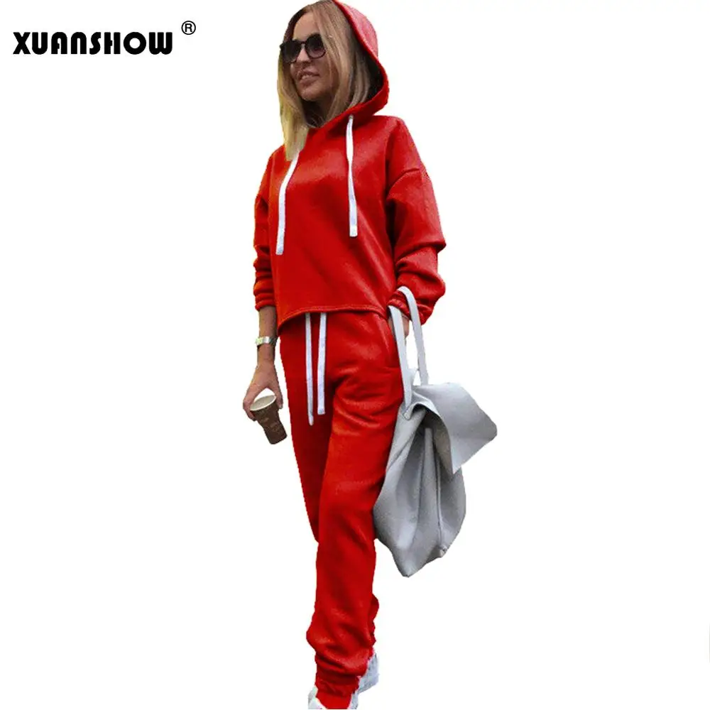Женский спортивный костюм XUANSHOW повседневный однотонный из 2 предметов толстовка
