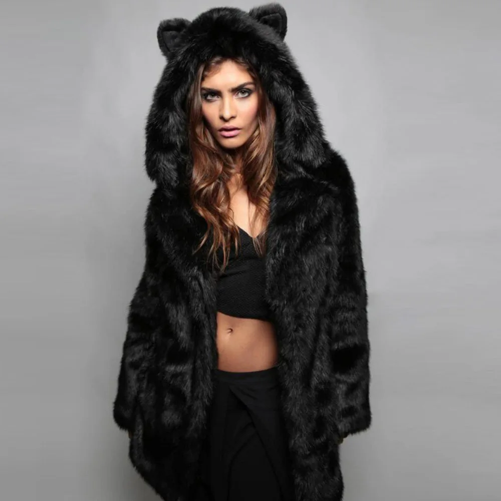 RoseticFaux Меховая куртка для женщин зима оверсайз повседневное свободное теплое пальто с капюшоном кошачьи ушки лоскутное средней длины пальто худи верхняя одежда
