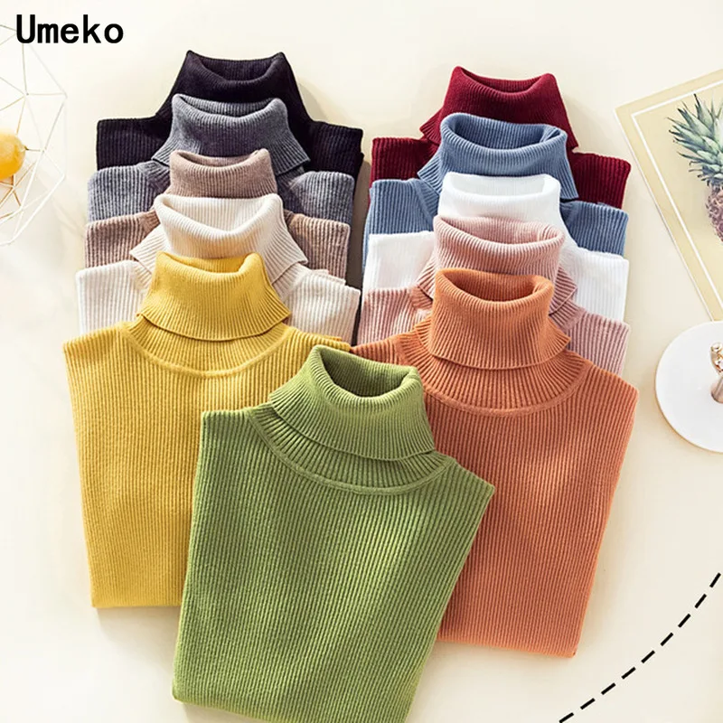 

Umeko Casual Autumn Winter Basic Sweater Pullovers Women Turtleneck Solid Knit Slim Pullover Female Long Sleeve Warm Sweater