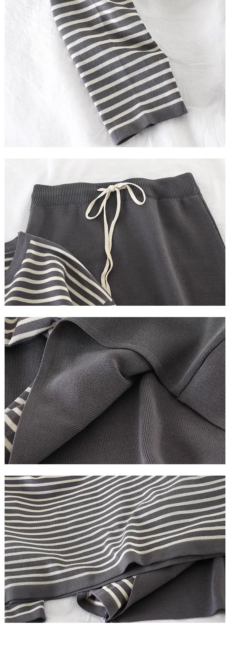 Mooirue осень зима Kintting Женский комплект из двух предметов полосатые топы с длинными рукавами Высокая юбка с тонкой талией винтажные наряды для женщин