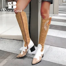 RIZABINA размера плюс 32-48 женские сапоги до колена модная теплая зимняя обувь на меху на молнии женские высокие сапоги в стиле пэчворк женская обувь на высоком каблуке