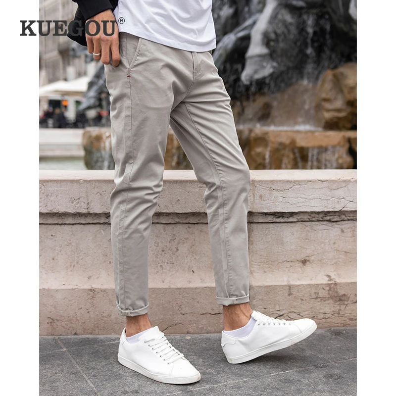 KUEGOU 2022 New Cotton Spandex Men's Casual Pants Spring Slim Straight Micro elastic Classic trousers summer Plus Size KK-3002 black casual pants