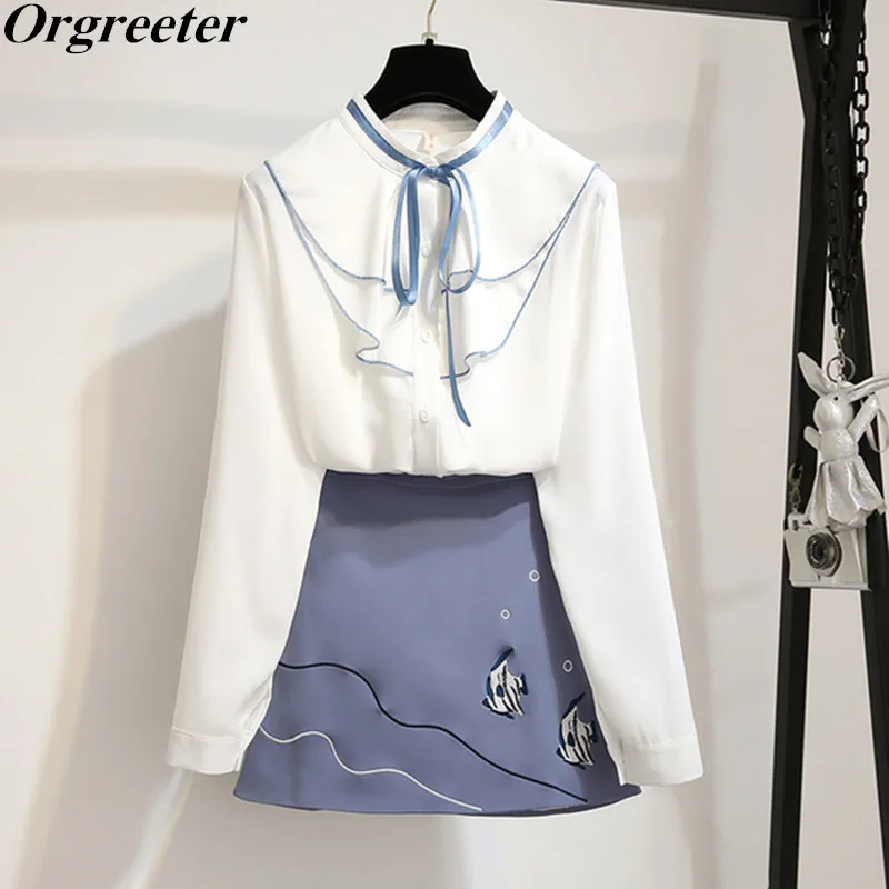 

Women 2 piece set Ruffles Chiffon Shirt and Mini Skirt Sets 2019 Autumn New Cartoon Fish Embroidery Sets Student outfits Sets