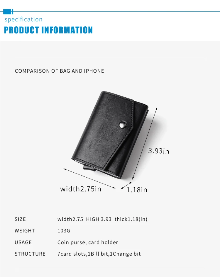 Aluminum Metal Pop up Credit Card Wallet 2021 New Fashion Men RFID NFC Protection Tri-fold PU Synthetic Vintage Smart  Wallet